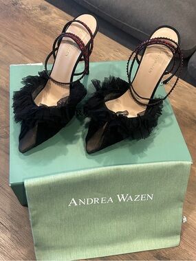 Black Ruffled Tulle Pointed-Toe Stiletto Heels with Embellished Straps